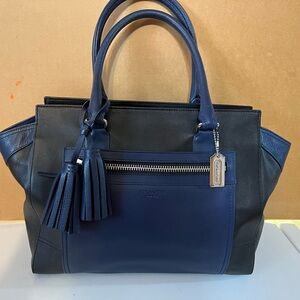 Coach Two-Tone Navy and Black Leather Satchel with Tassel Charm